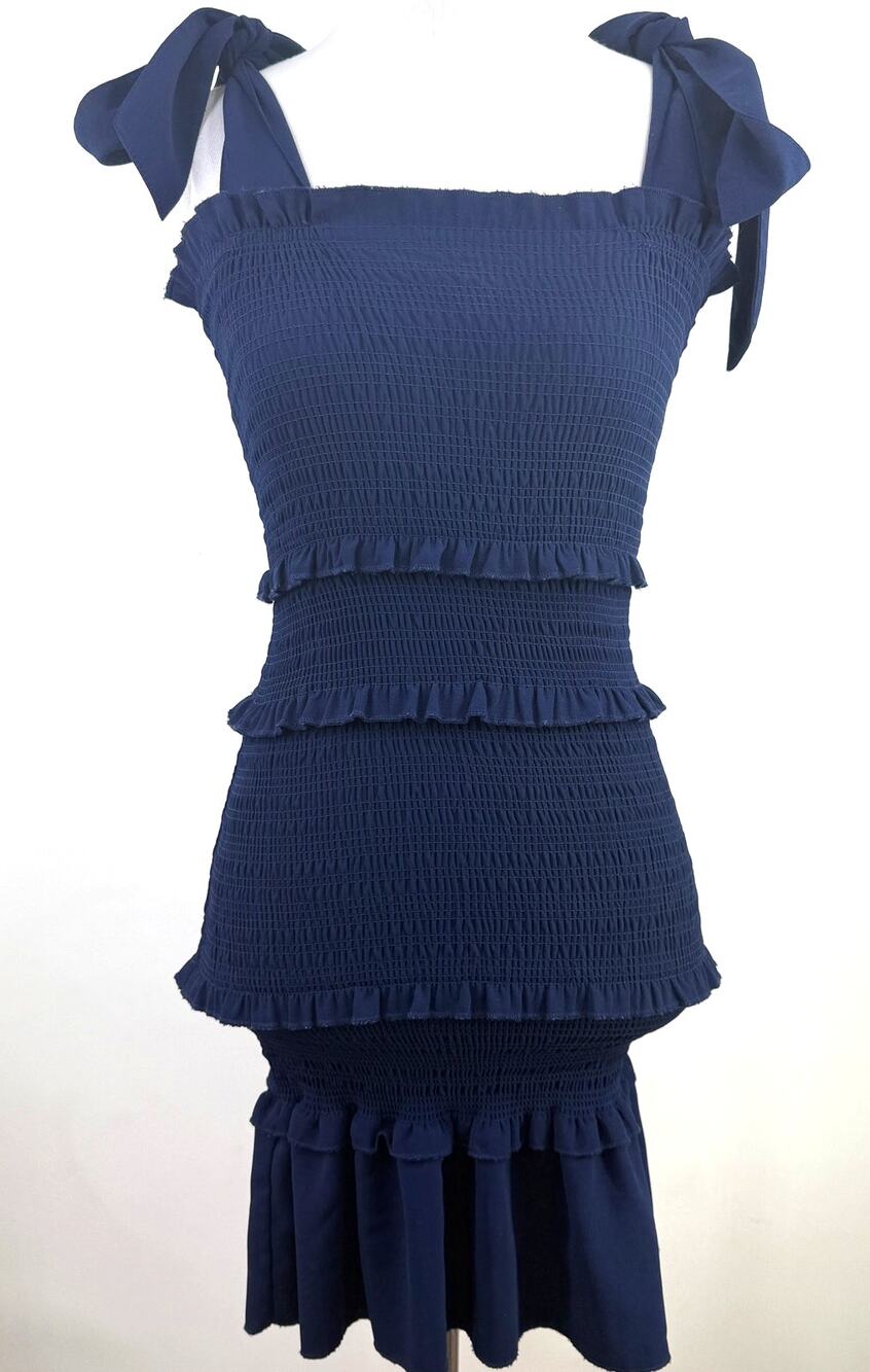 Alterād State Navy Blue Ruffle Smocked Shoulder Tie Bodycon Dress Size XS
